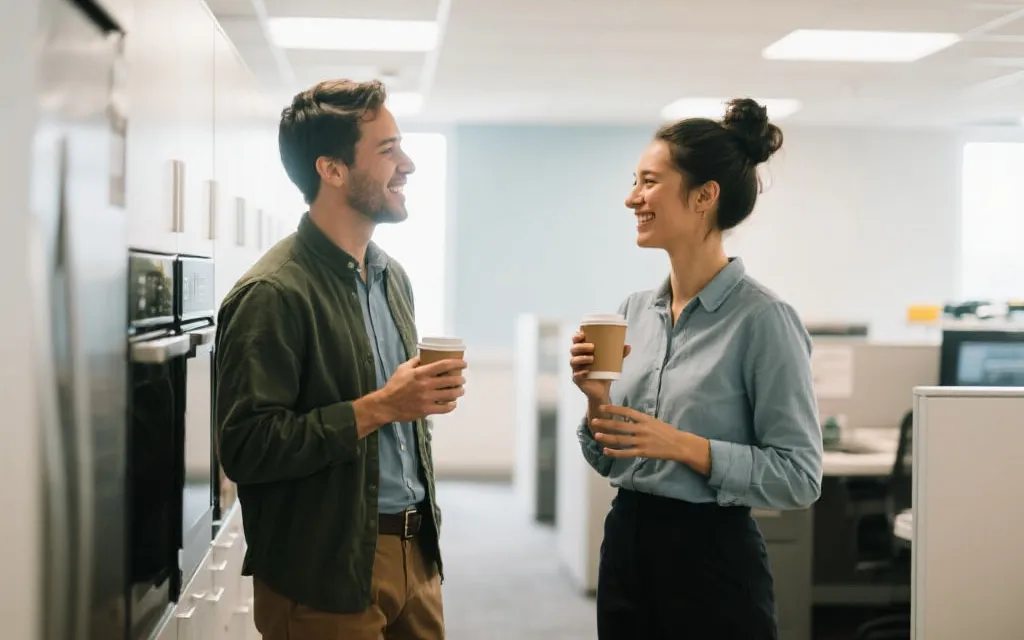 办公室茶水间同事轻松聊天，手拿咖啡，讨论周末看球话题的场景