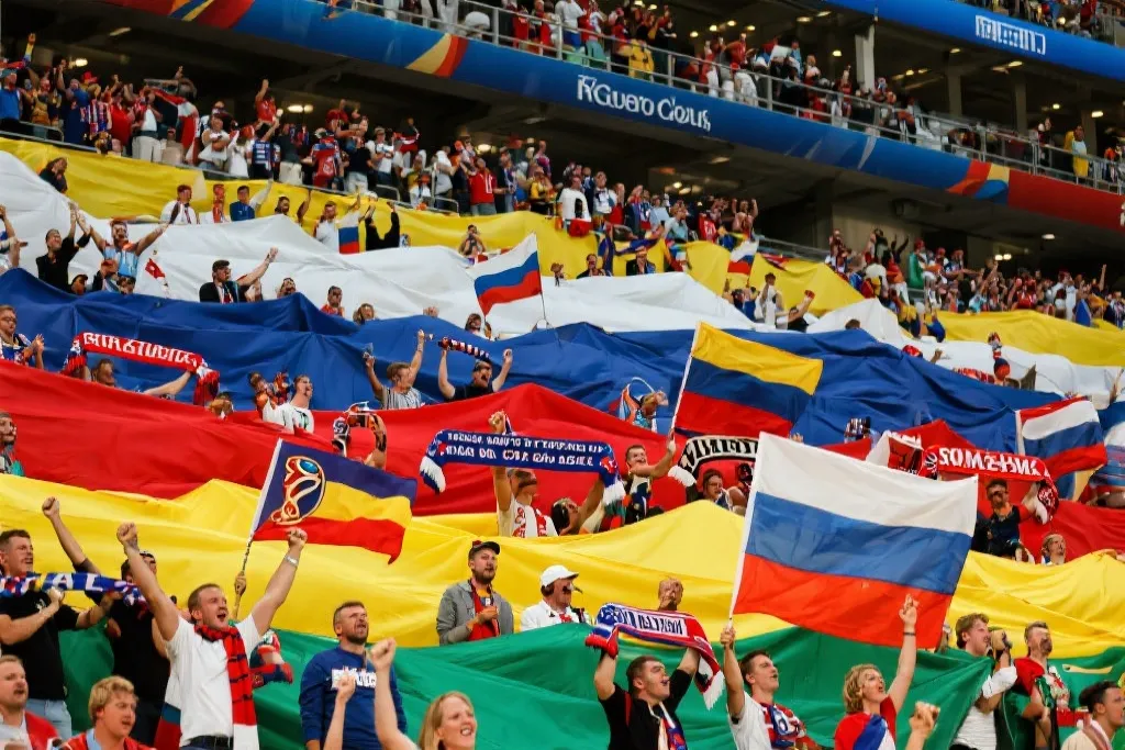 世界杯看台群像庆祝，旗帜与围巾形成色块层次的纪实摄影