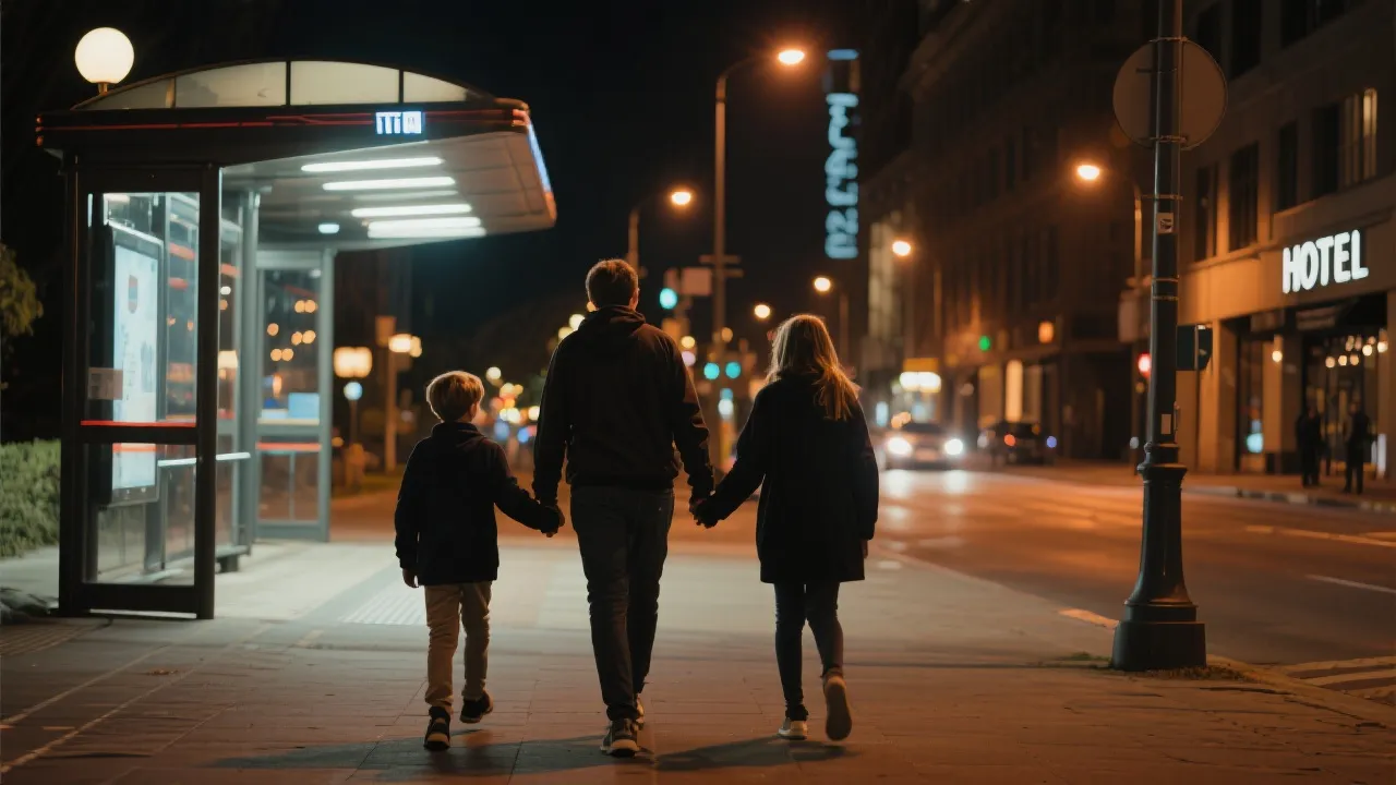夜晚的城市街区与公共交通入口，家庭牵手走向酒店，路灯温暖，赛后回程氛围