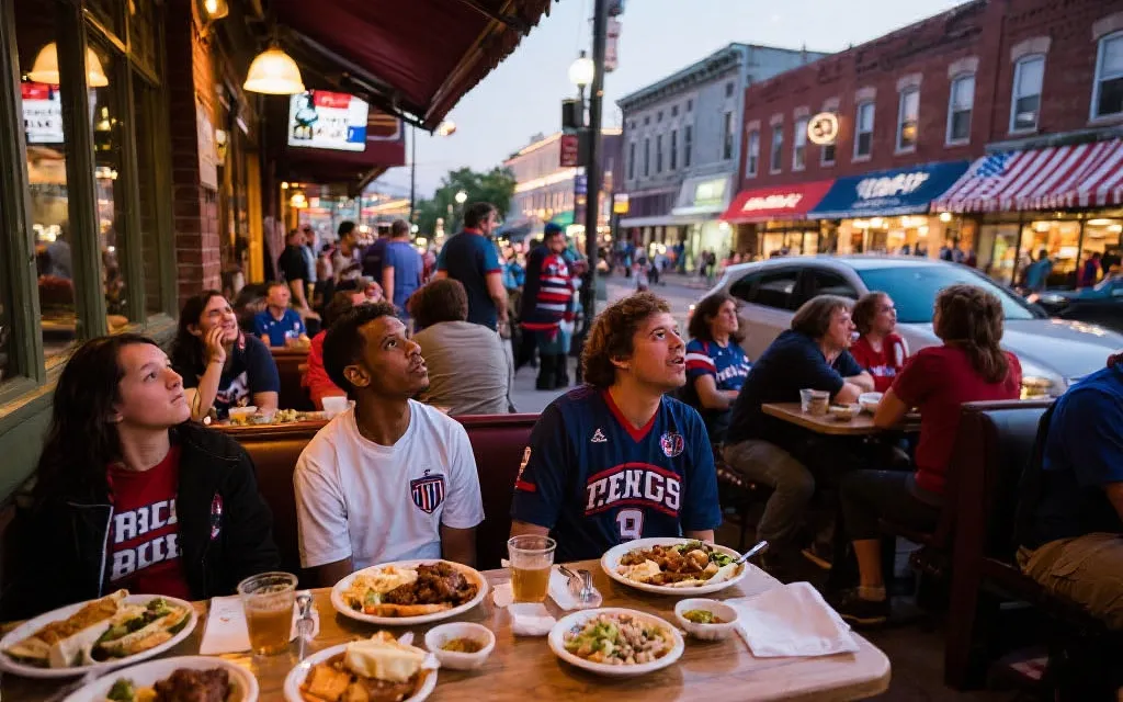 美国城市比赛日氛围：球迷在街区餐馆观看比赛并品尝当地美食