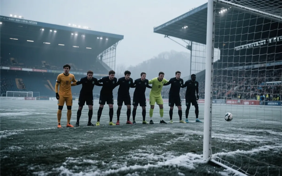 寒风球场氛围下的定位球与防守组织战术画面