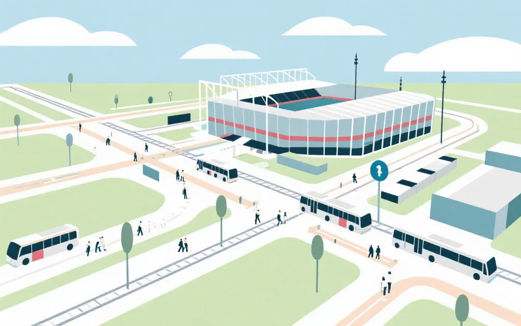 大型体育赛事日交通组织示意：地铁、接驳车与人流动线