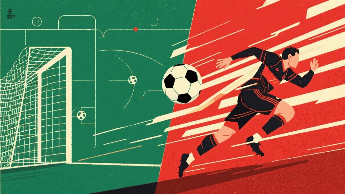 两种战术风格碰撞的视觉：一侧细腻传控，一侧高速反击冲刺