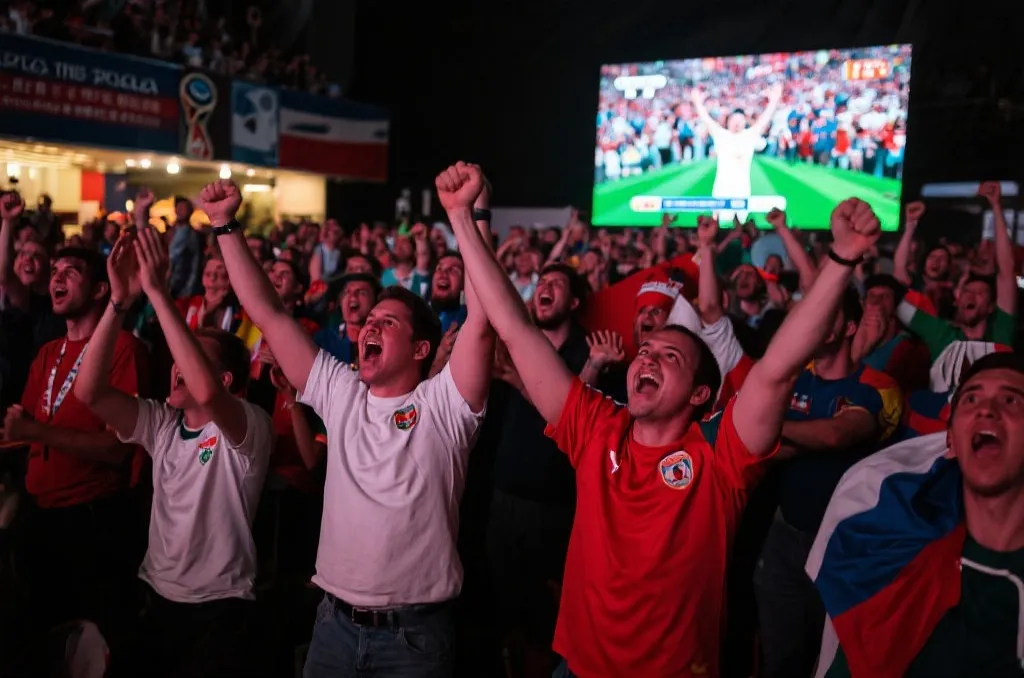 球迷手持国旗在球场欢呼，热血沸腾的氛围