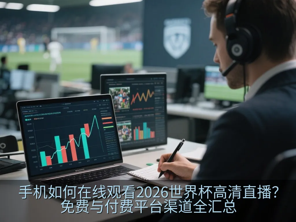 双手握持智能手机,屏幕上显示着足球比赛的实时统计数据与直播画面